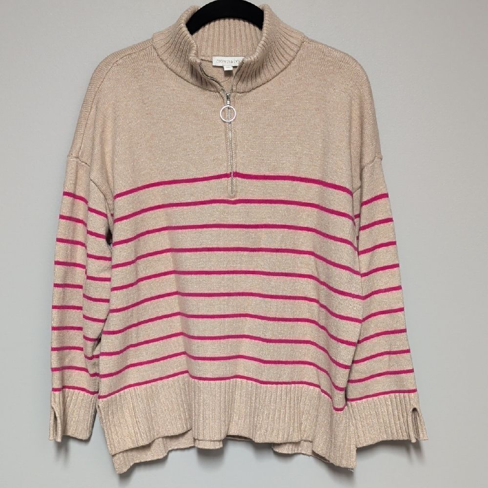 crown & ivy Beige and Pink Striped Turtleneck Sweater